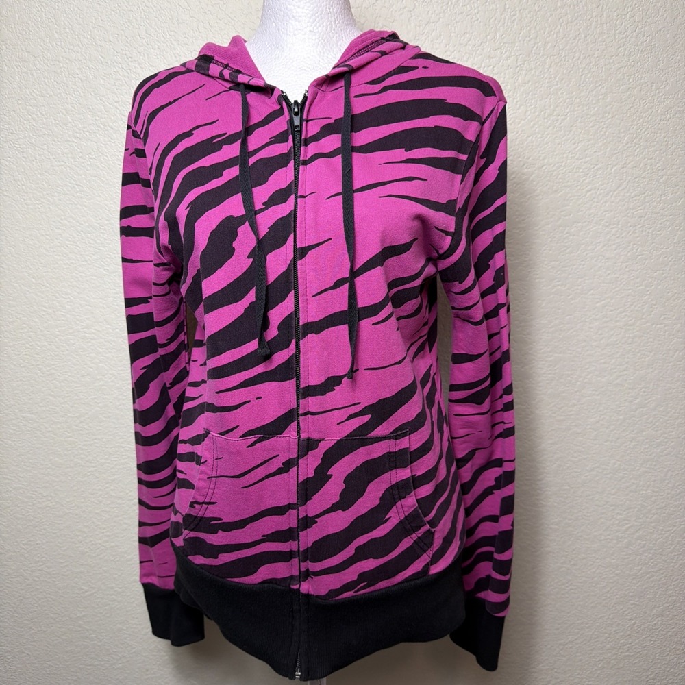 American Dream Womens Large Pink Black Zebra Stripe Hooded Zip Sweatshirt Jacket